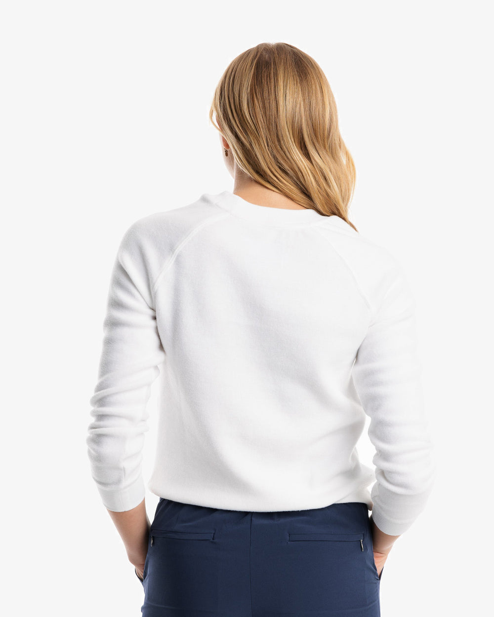 The model back of the Beachside Sun Farer Crewneck Sweatshirt from Southern Tide - Classic White