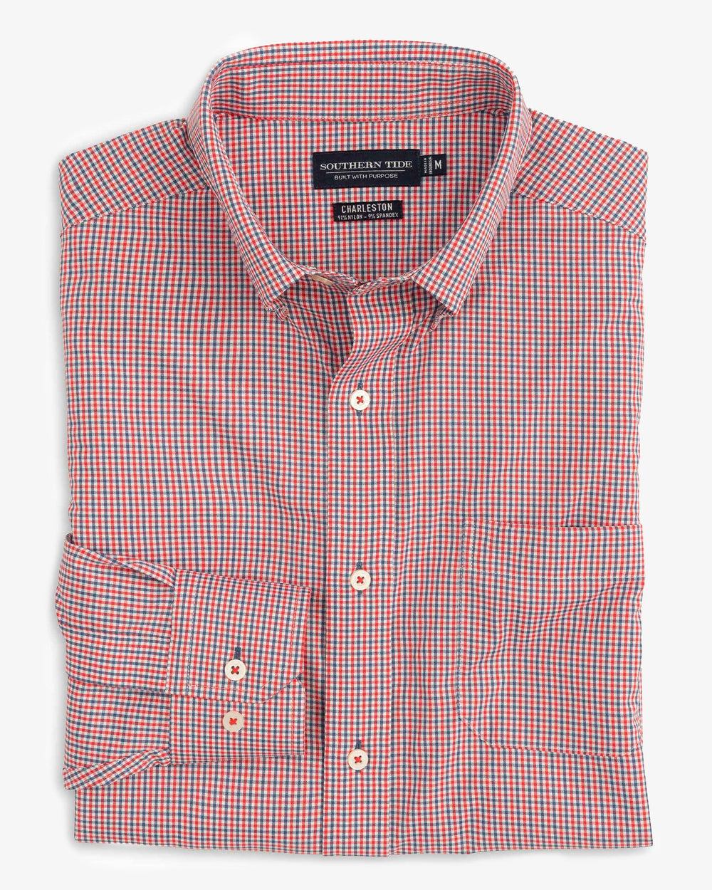 The front of the Men's Bowry Brrr Intercoastal Sport Shirt by Southern Tide - Channel Marker Red
