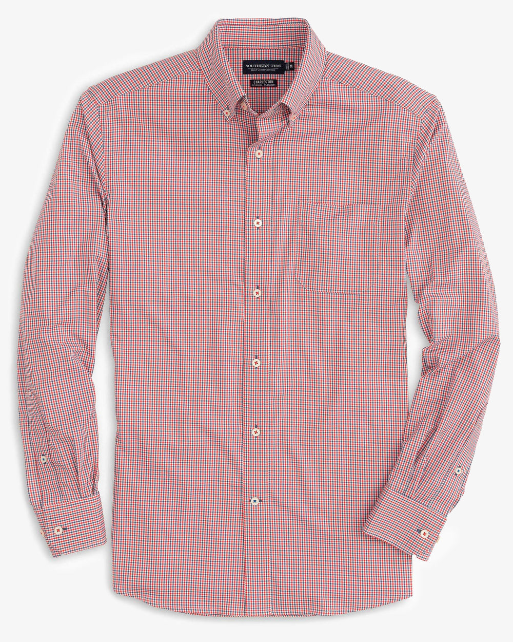 The front of the Men's Bowry Brrr Intercoastal Sport Shirt by Southern Tide - Channel Marker Red