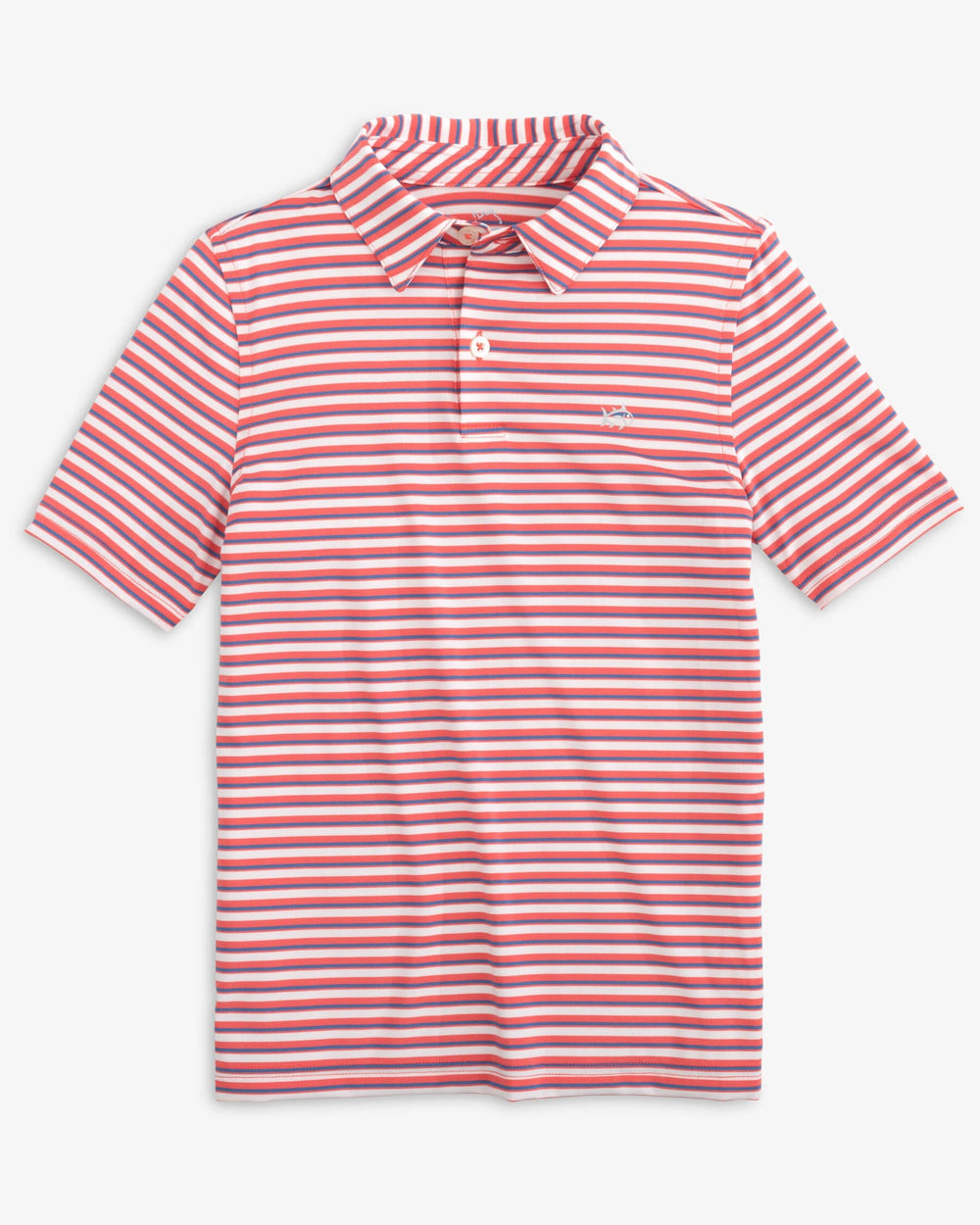 The front view of the Southern Tide Boy's Driver Gulf Stripe Performance Polo Shirt by Southern Tide - Rosewood Red