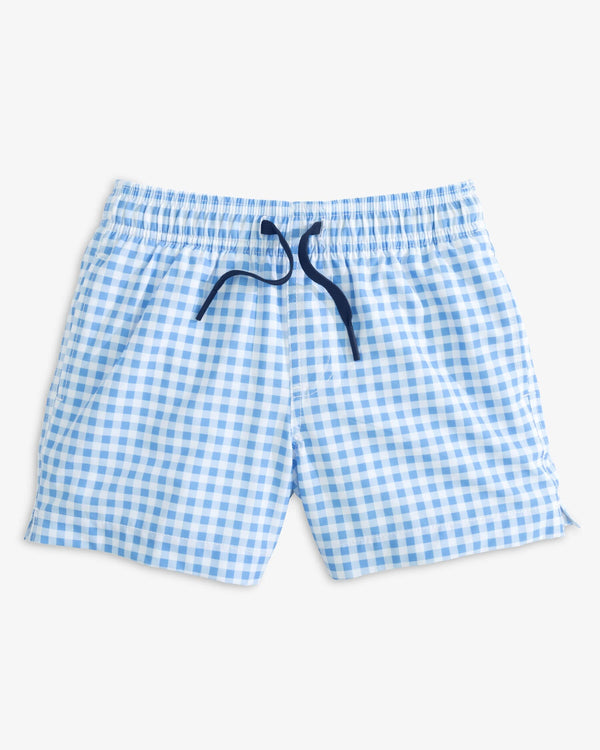 The front view of the Southern Tide Boys Baldwin Gingham Printed Swim Trunk by Southern Tide - Ocean Channel