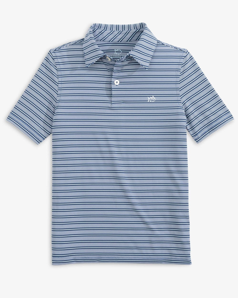 The front view of the Southern Tide Boys Driver Crawford Stripe Performance Polo Shirt by Southern Tide - Aged Denim