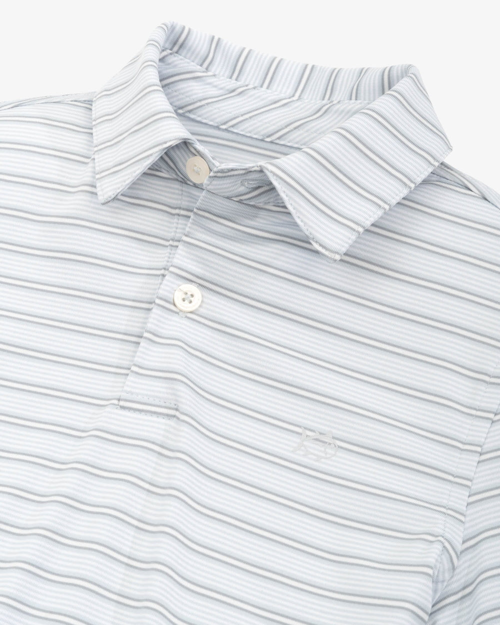 The detail view of the Southern Tide Boys Driver Crawford Stripe Performance Polo Shirt by Southern Tide - Slate Grey