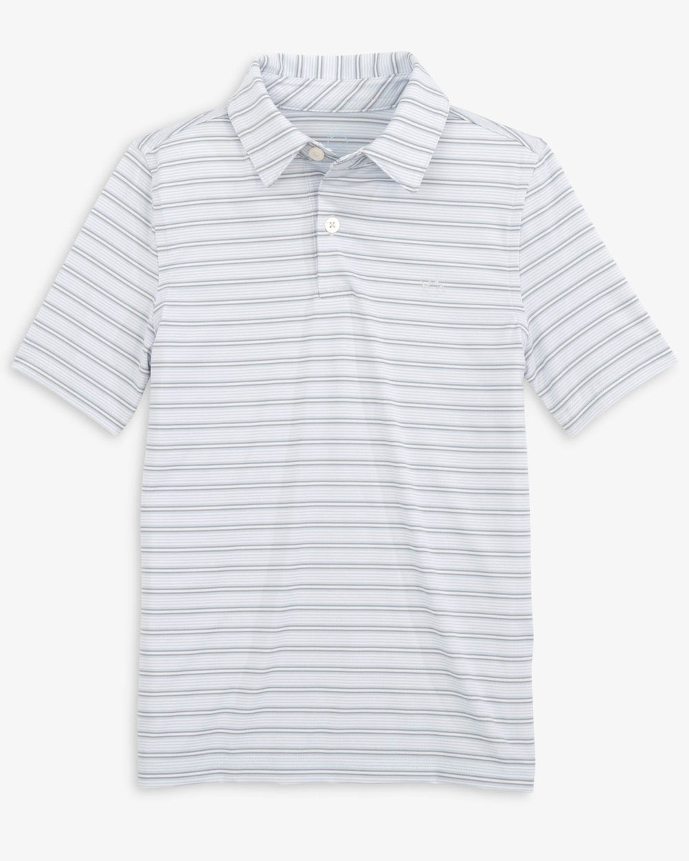 The front view of the Southern Tide Boys Driver Crawford Stripe Performance Polo Shirt by Southern Tide - Slate Grey