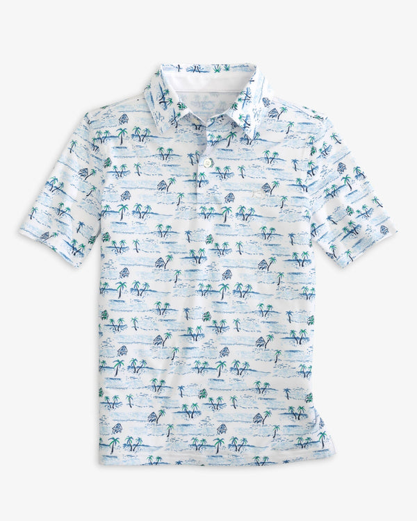 The front view of the Southern Tide Boys Driver Nice to Sea You Print Performance Polo Shirt by Southern Tide - Classic White