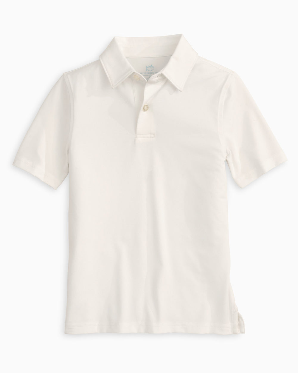 The front view of the Boys Driver Performance Polo Shirt by Southern Tide - Classic White
