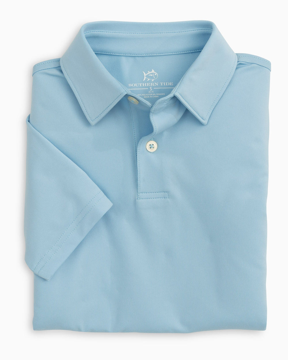 The folded view of the Boys Driver Performance Polo Shirt by Southern Tide - Sky Blue