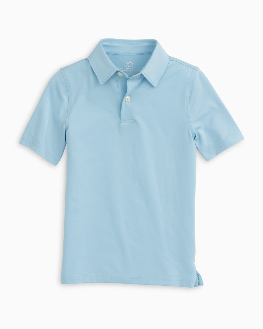 The front view of the Boys Driver Performance Polo Shirt by Southern Tide - Sky Blue