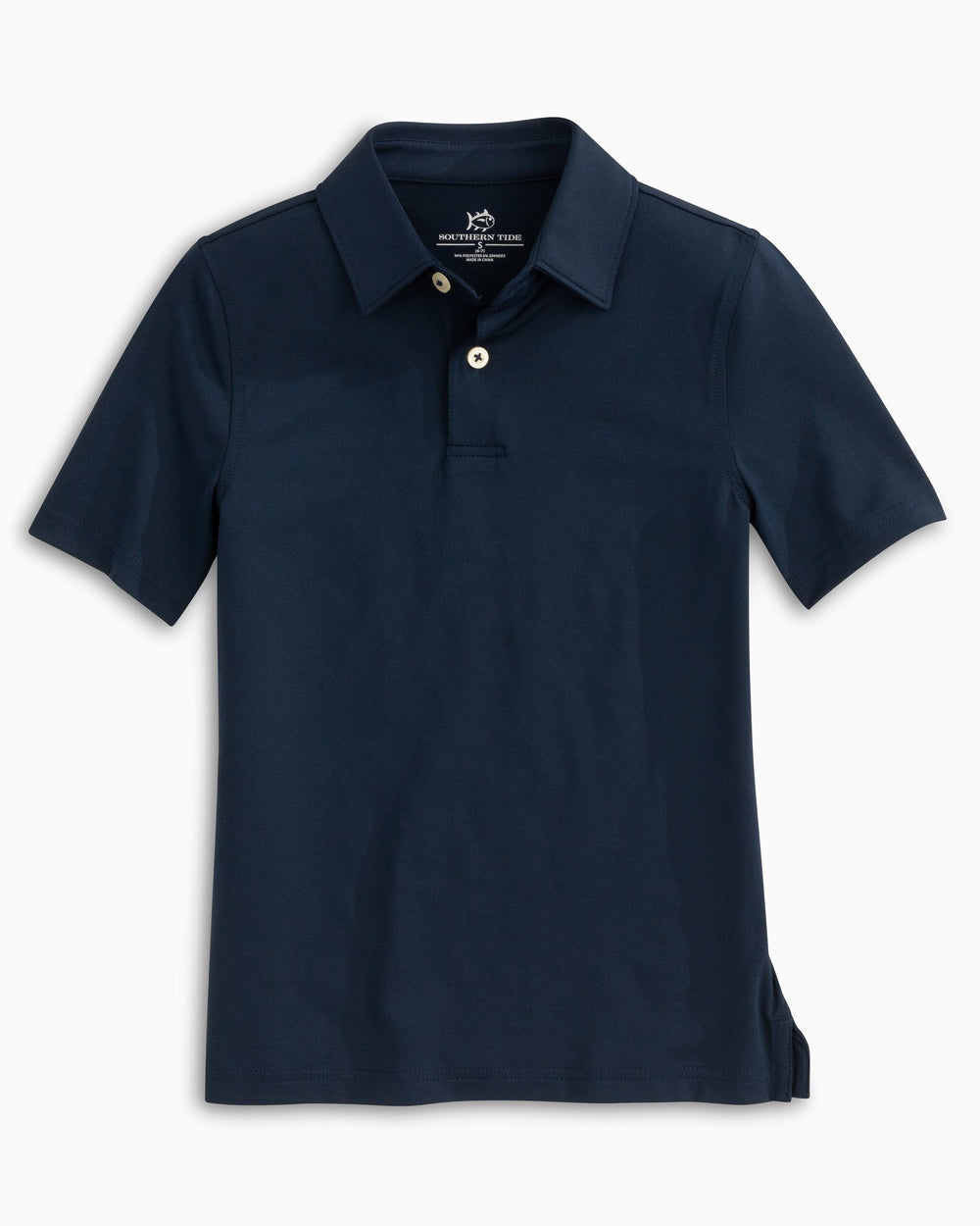 The front view of the Boys Driver Performance Polo Shirt by Southern Tide - True Navy