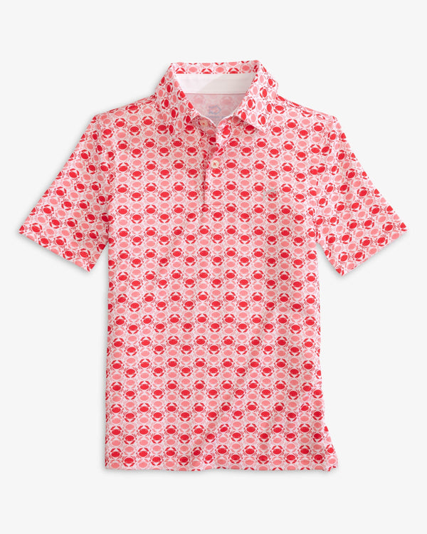 The front view of the Southern Tide Boys Driver Why So Crabby Printed Performance Polo Shirt by Southern Tide - Classic White