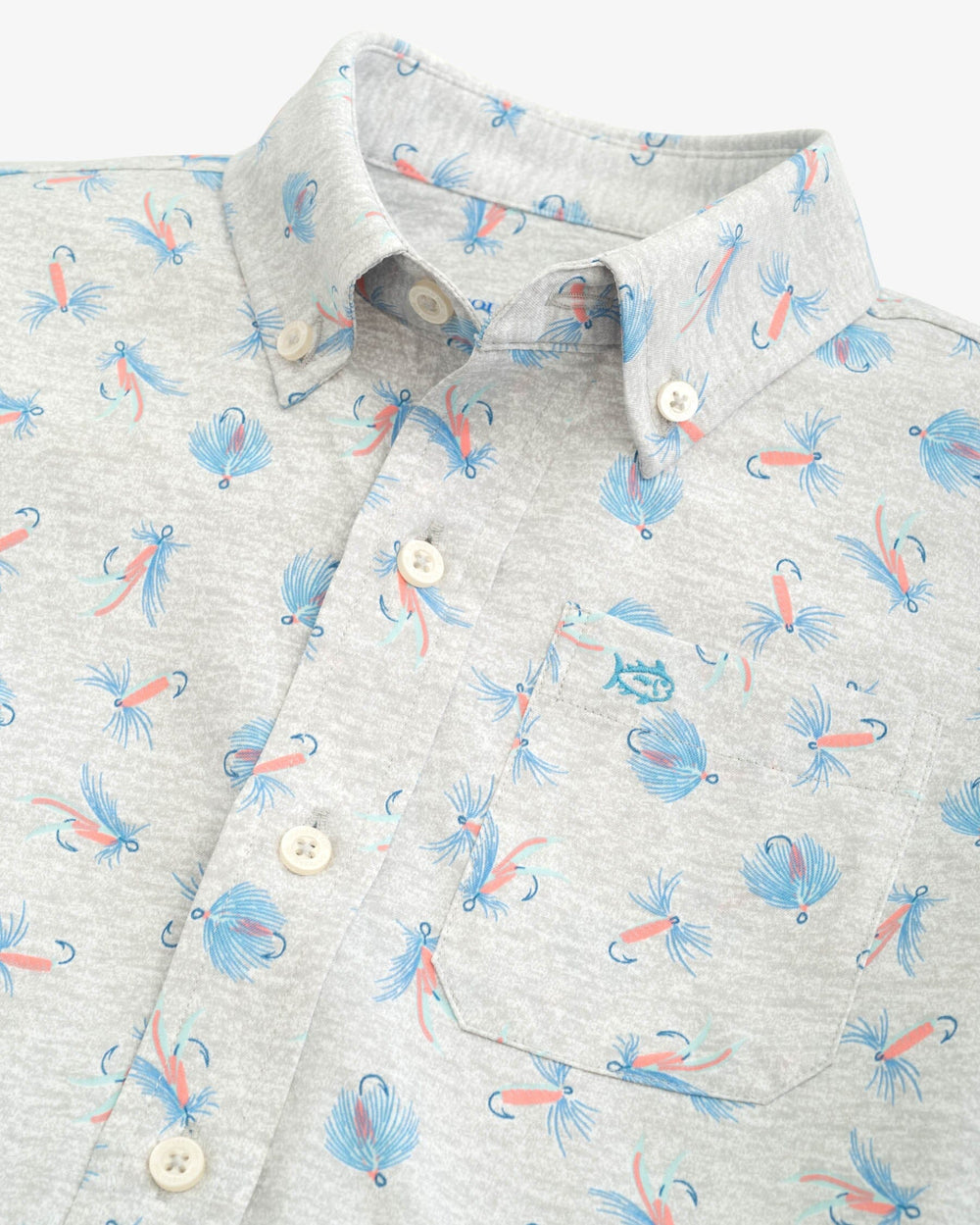 The detail view of the Southern Tide Boys Guy with Allure Intercoastal Short Sleeve Button Down by Southern Tide - Heather Light Grey