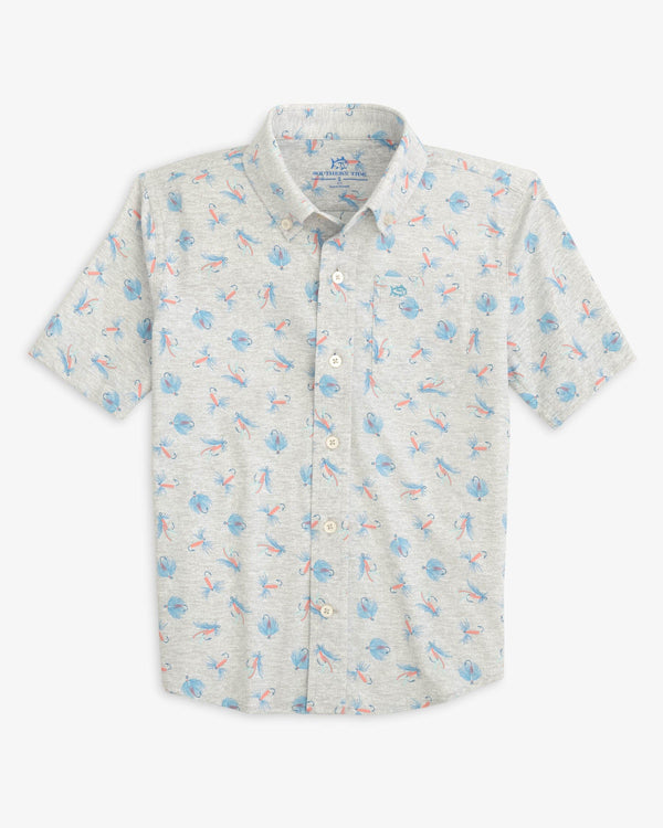 The front view of the Southern Tide Boys Guy with Allure Intercoastal Short Sleeve Button Down by Southern Tide - Heather Light Grey