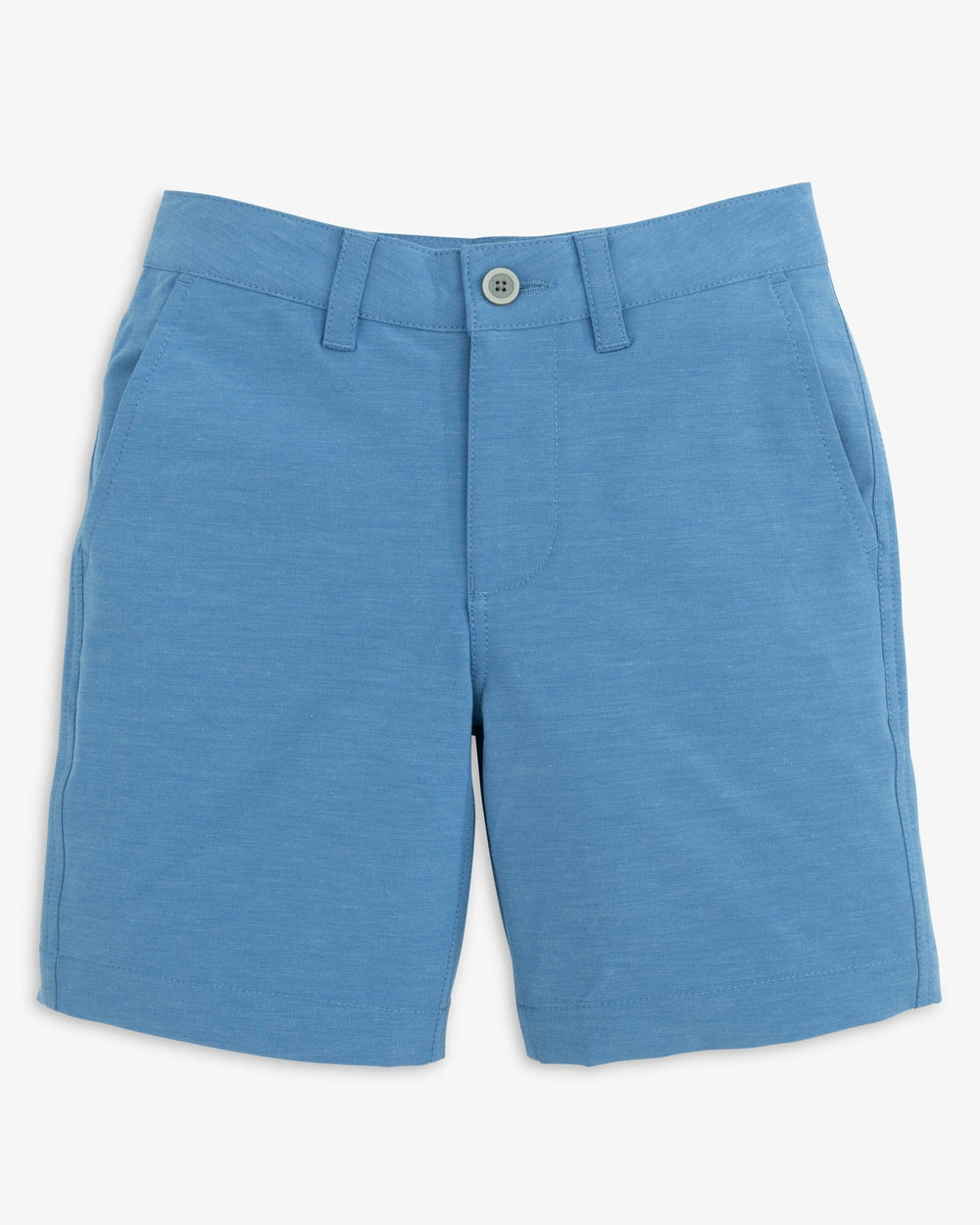 The front view of the Southern Tide Boys Heathered T3 Gulf Short by Southern Tide - Heather Atlantic Blue
