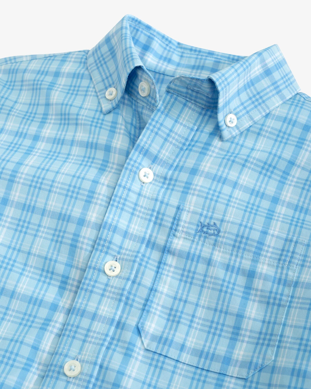 The detail view of the Southern Tide Boys Keowee Plaid Intercoastal Sport Shirt by Southern Tide - Rain Water