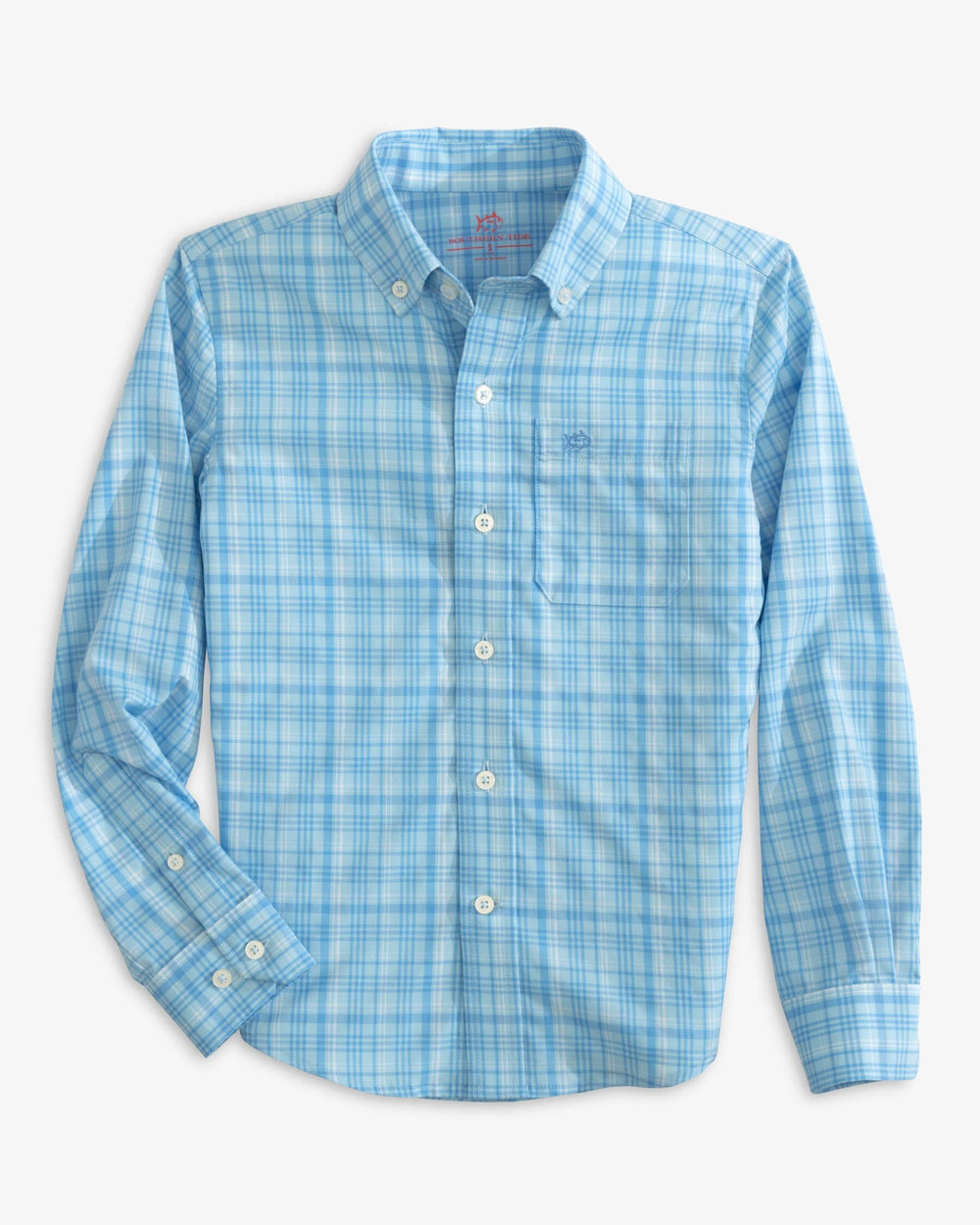 The front view of the Southern Tide Boys Keowee Plaid Intercoastal Sport Shirt by Southern Tide - Rain Water