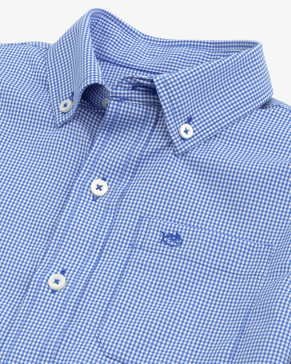 The detail view of the Southern Tide Boys mini gingham intercoastal buttn down shirt by Southern Tide - Cobalt Blue