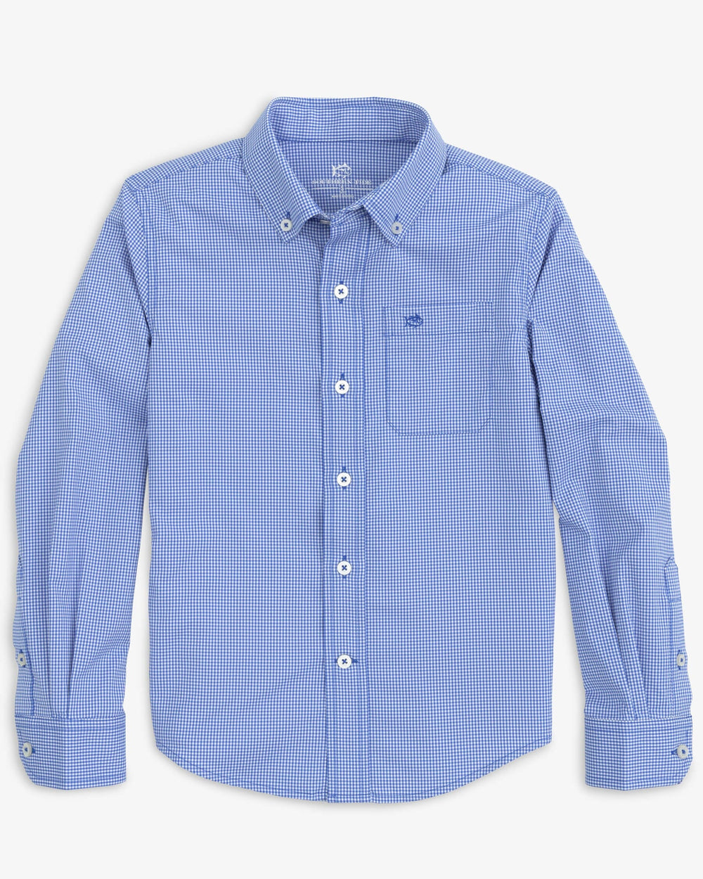 The front view of the Southern Tide Boys mini gingham intercoastal buttn down shirt by Southern Tide - Cobalt Blue
