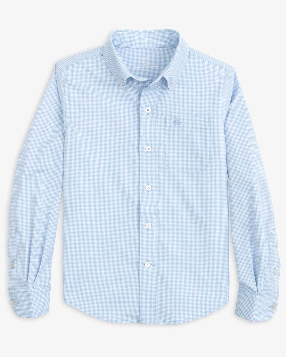 The front view of the Southern Tide Boys mini gingham intercoastal buttn down shirt by Southern Tide - Tide Blue