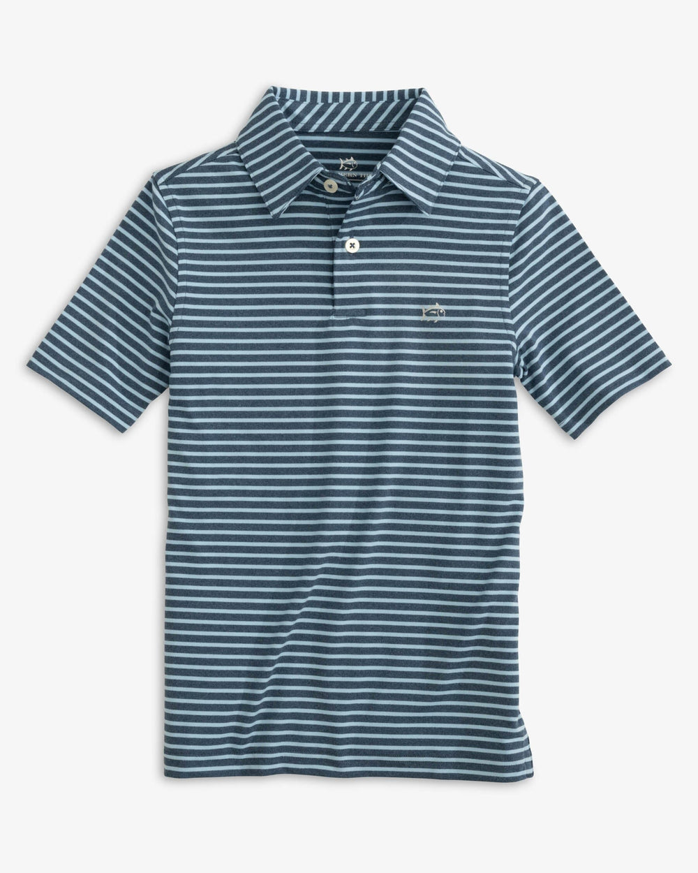 The front view of the Southern Tide Boys Ryder Heather Marin Stripe Performance Polo Shirt by Southern Tide - Heather Aged Denim