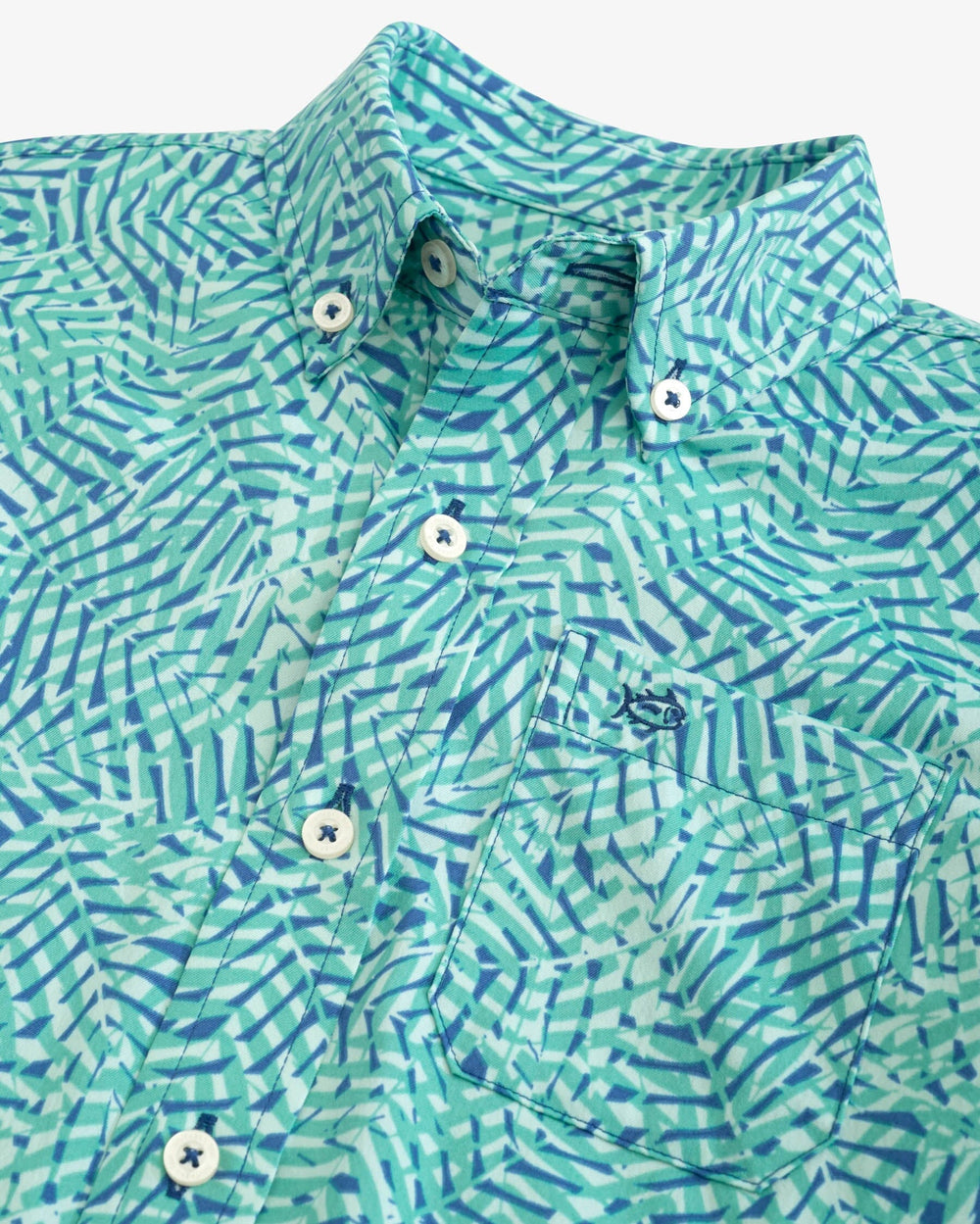The detail view of the Southern Tide Boys Short Sleeve Vibin' Plaid Intercoastal Sport Shirt by Southern Tide - Atlantic Blue
