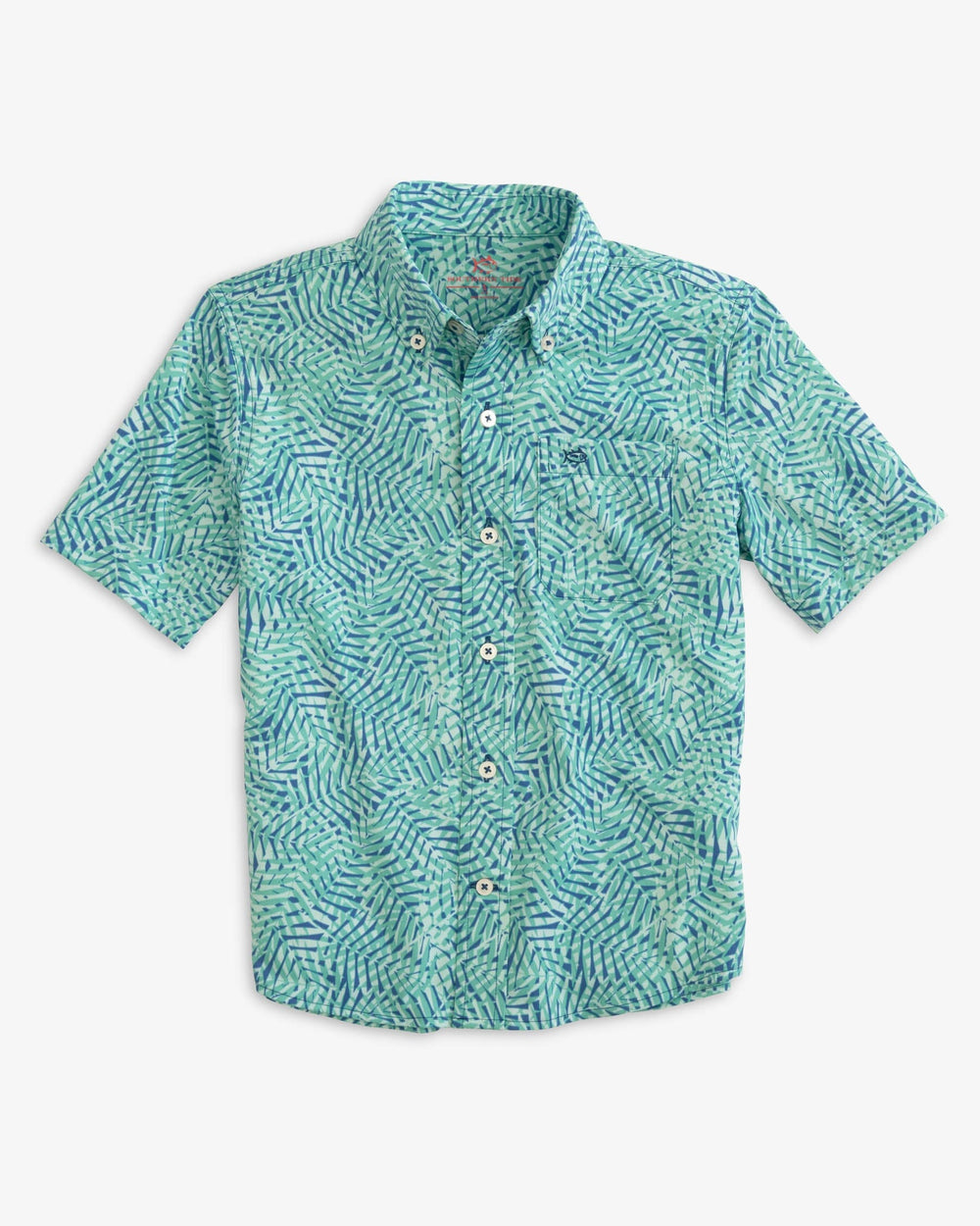 The front view of the Southern Tide Boys Short Sleeve Vibin' Plaid Intercoastal Sport Shirt by Southern Tide - Atlantic Blue