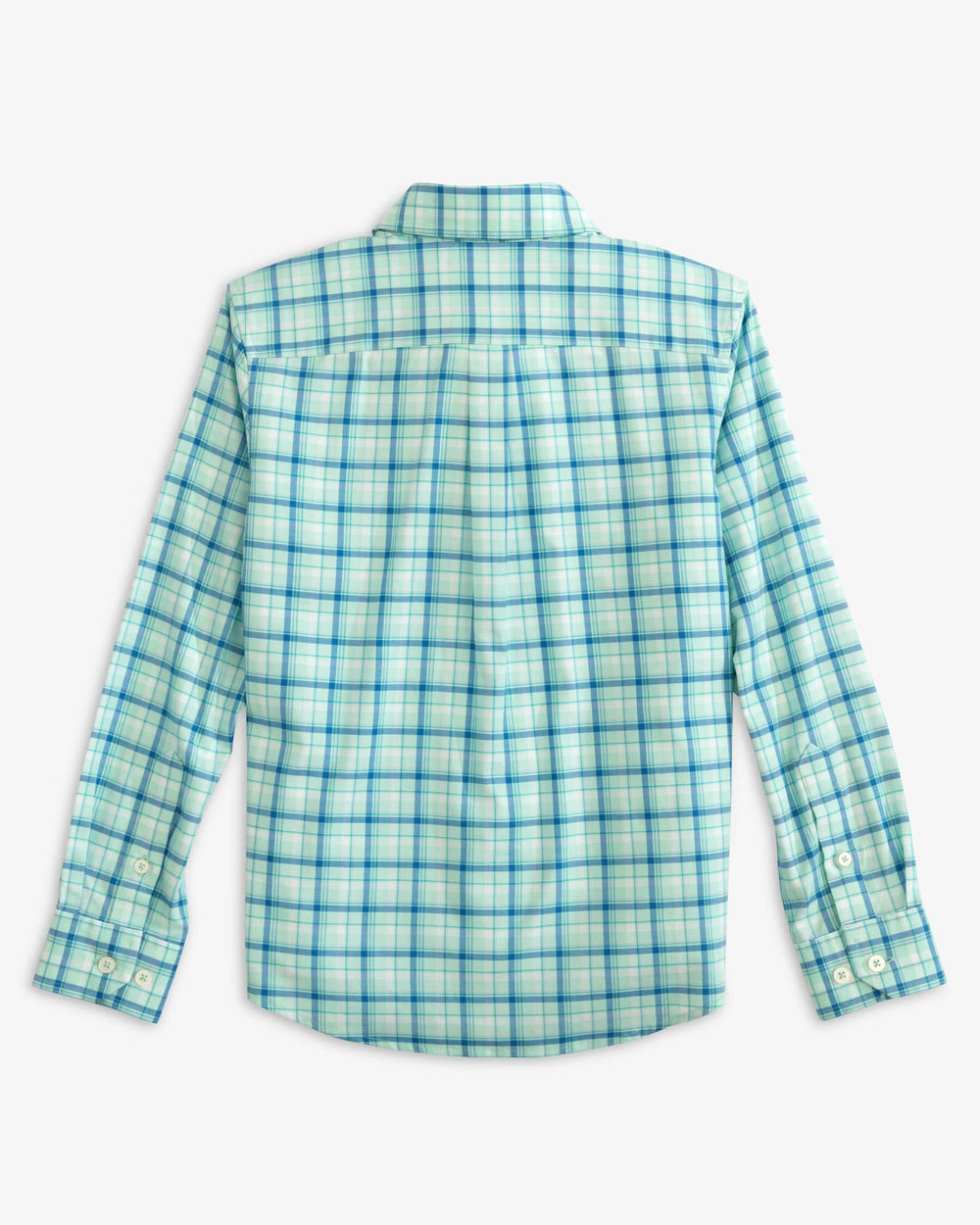 The back view of the Southern Tide Boys Skipjack Palermo Plaid Sport Shirt by Southern Tide - Baltic Teal
