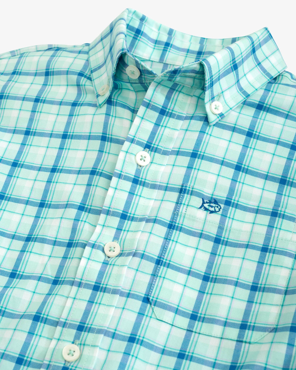 The detail view of the Southern Tide Boys Skipjack Palermo Plaid Sport Shirt by Southern Tide - Baltic Teal