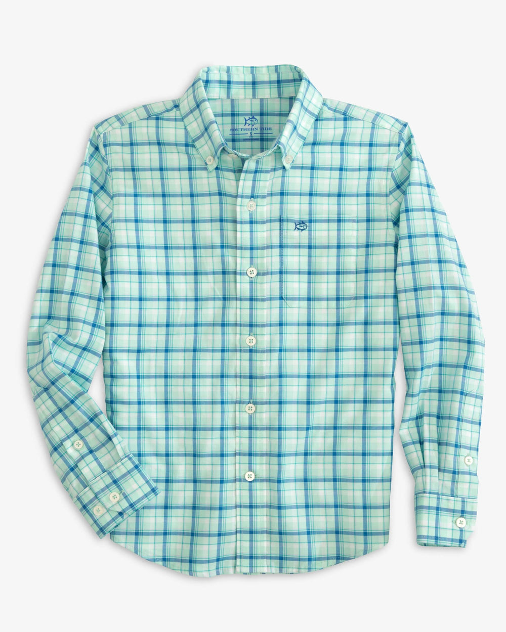 The front view of the Southern Tide Boys Skipjack Palermo Plaid Sport Shirt by Southern Tide - Baltic Teal