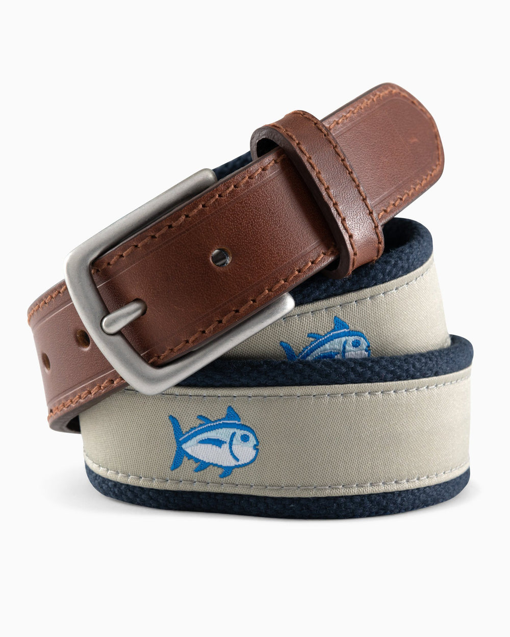 The front view of the Boys Skipjack Ribbon Belt by Southern Tide - Sandstone Khaki