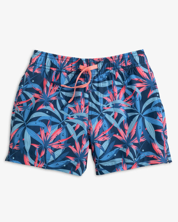 The front view of the Southern Tide Boys Tropical Blooms Printed Swim Trunk by Southern Tide - Aged Denim