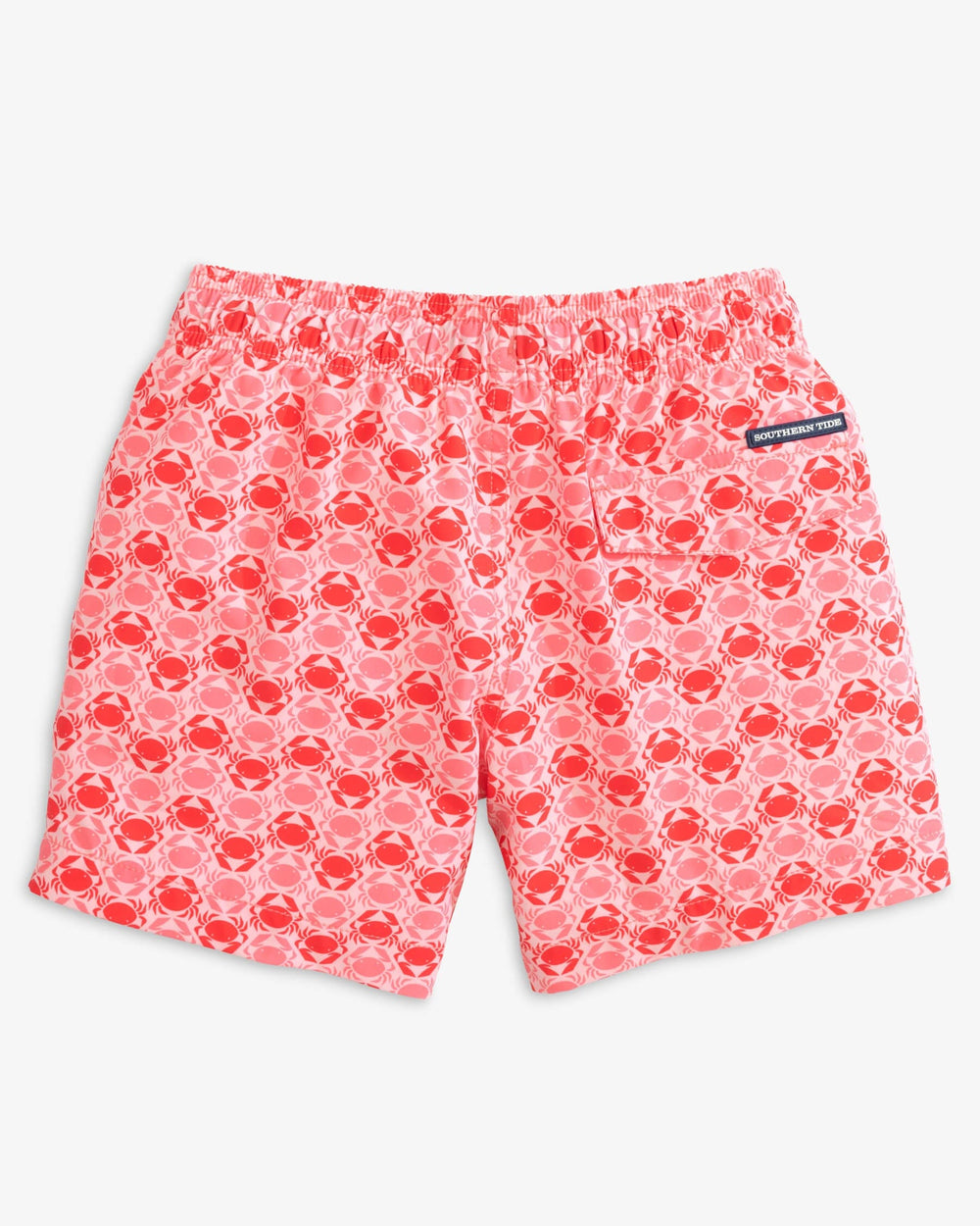The back view of the Southern Tide Boys Why So Crabby Printed Swim Trunk by Southern Tide - Rose Blush