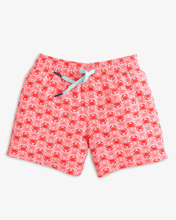The front view of the Southern Tide Boys Why So Crabby Printed Swim Trunk by Southern Tide - Rose Blush