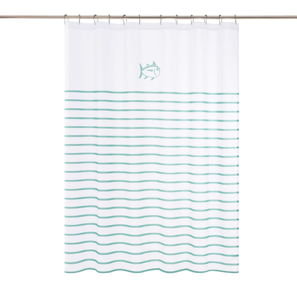 The front view of the Breton Shower Curtain by Southern Tide - White/Aqua