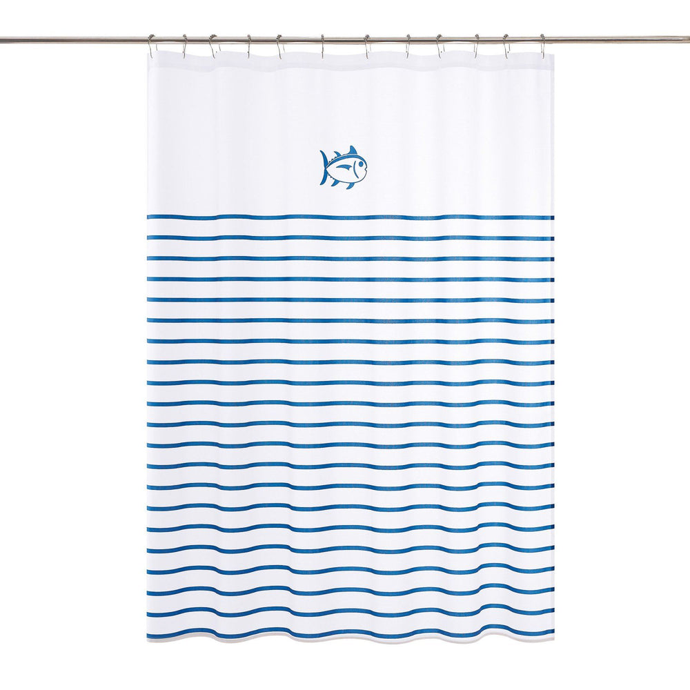 The front view of the Breton Shower Curtain by Southern Tide - White/Cobalt Blue