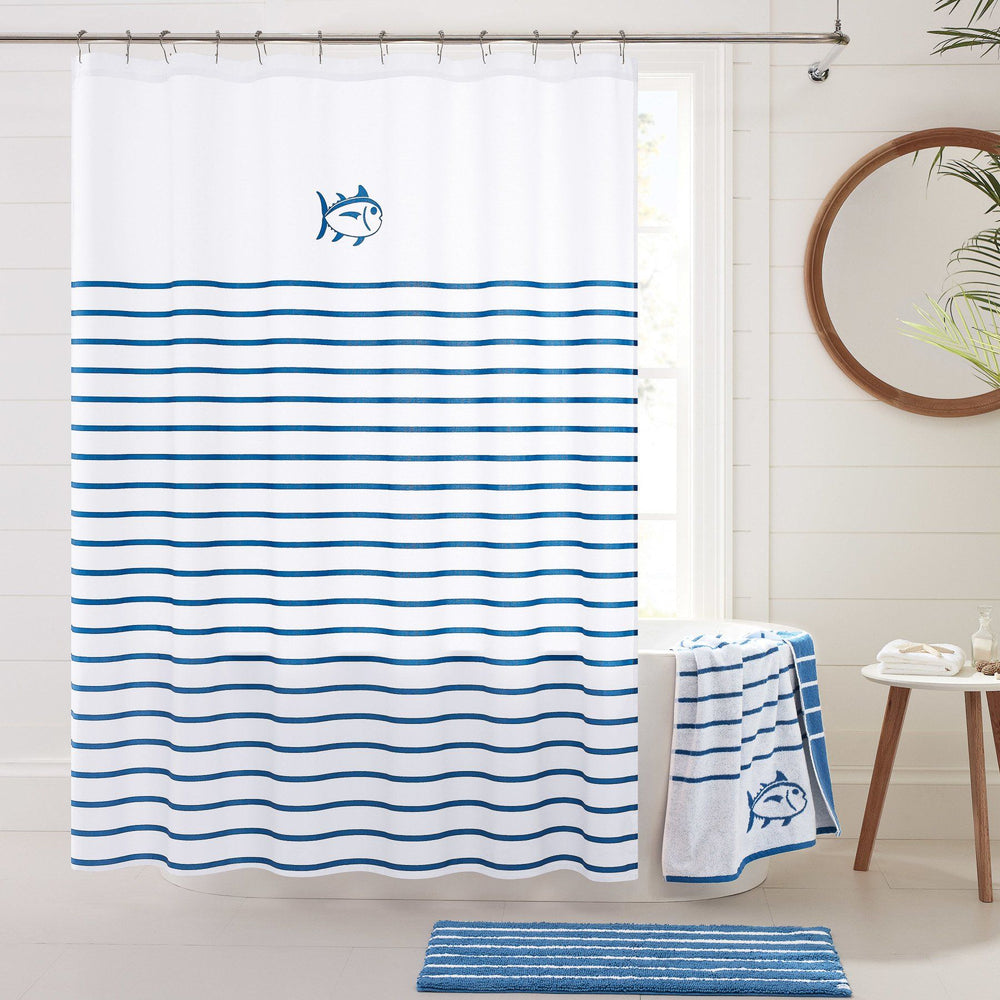 The lifestyle view of the Breton Shower Curtain by Southern Tide - White/Cobalt Blue