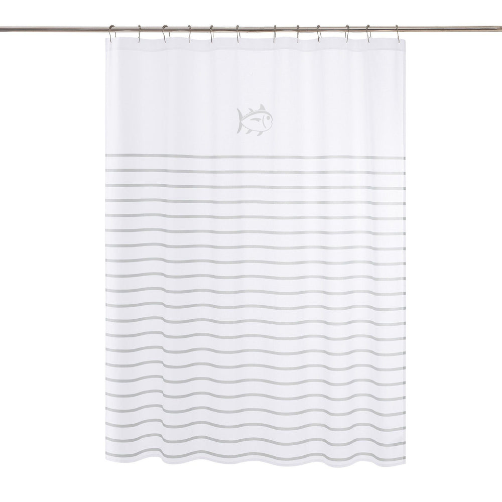 The front view of the Breton Shower Curtain by Southern Tide - White/Grey