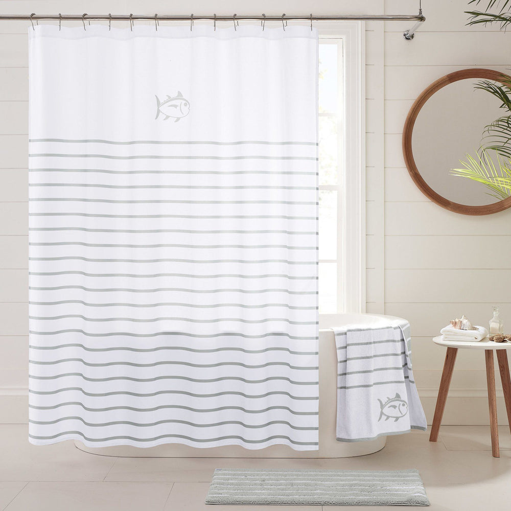 The lifestyle view of the Breton Shower Curtain by Southern Tide - White/Grey