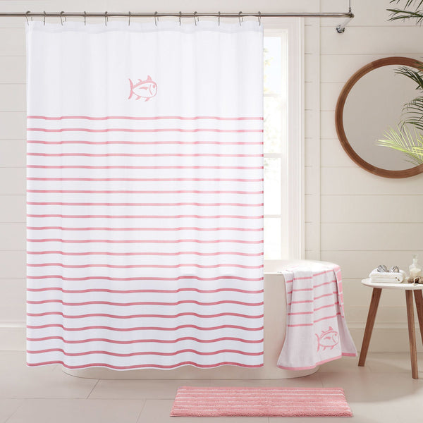 The lifestyle view of the Breton Shower Curtain by Southern Tide - White/Pink