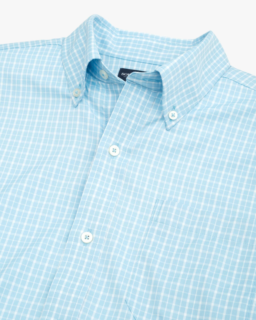 The detail view of the Southern Tide brrr Charleston Beaumont Plaid Intercoastal Sport Shirt by Southern Tide - Rain Water