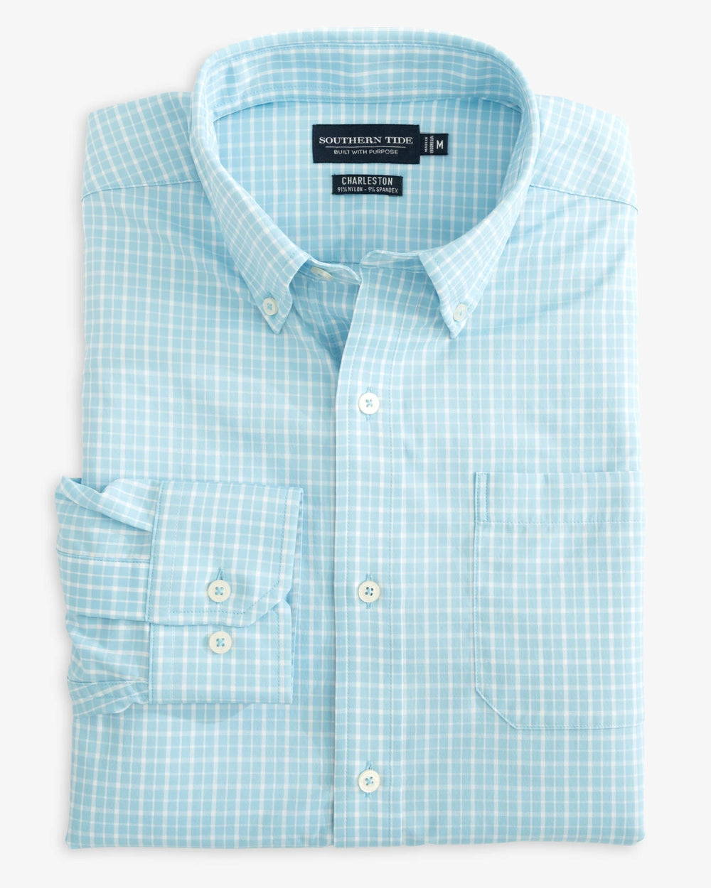 The folded view of the Southern Tide brrr Charleston Beaumont Plaid Intercoastal Sport Shirt by Southern Tide - Rain Water