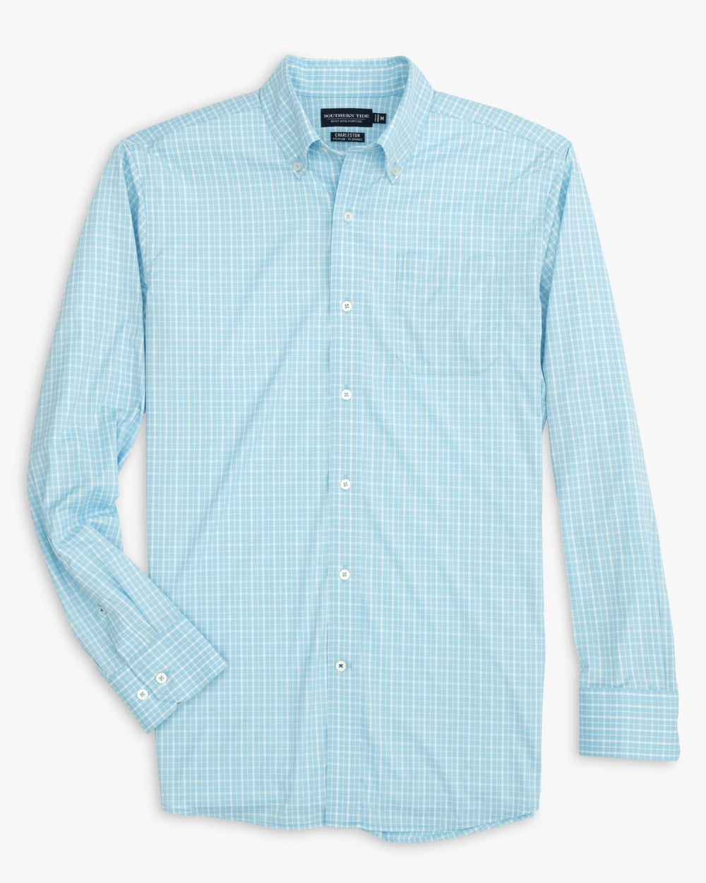 The front view of the Southern Tide brrr Charleston Beaumont Plaid Intercoastal Sport Shirt by Southern Tide - Rain Water