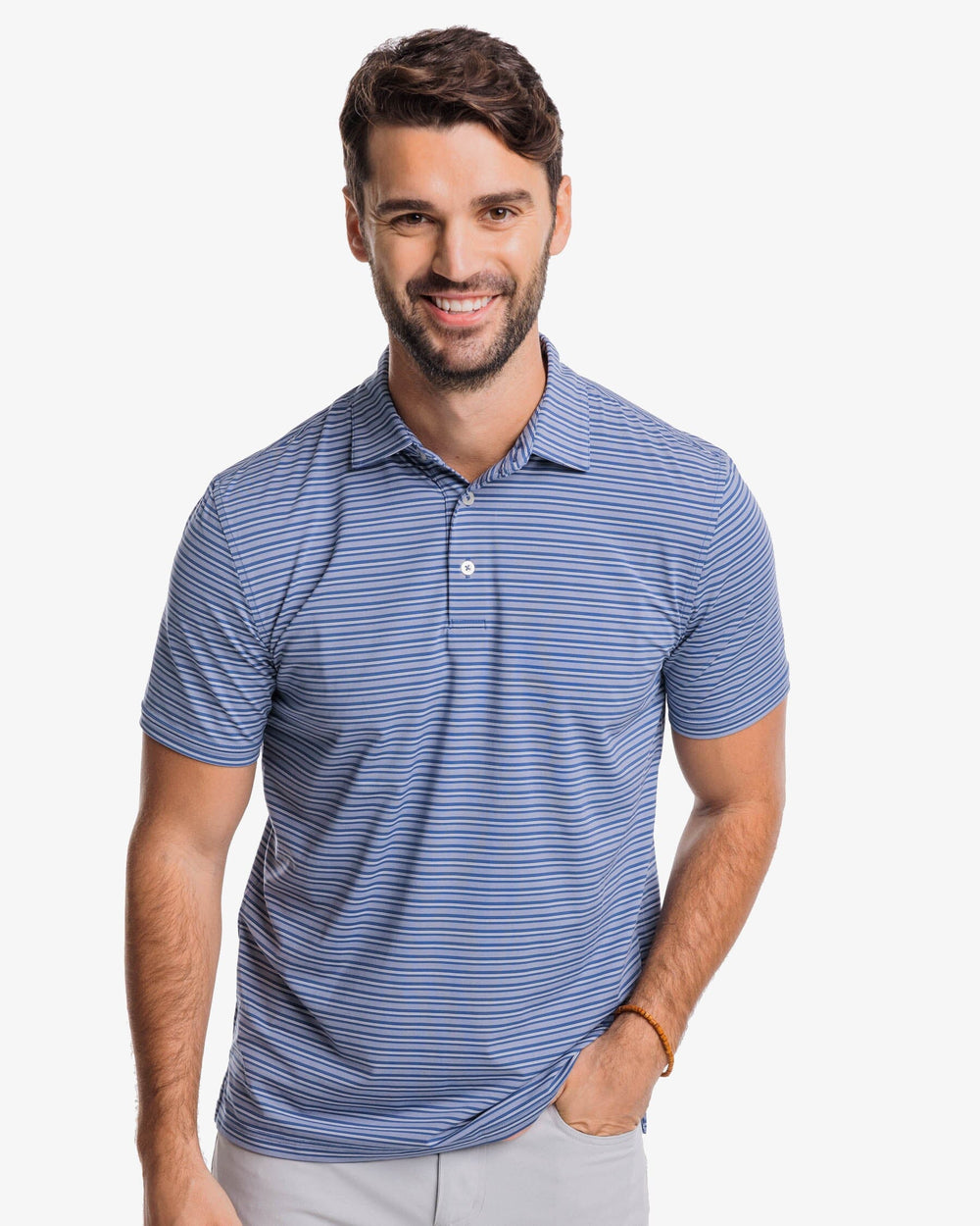 The front view of the Southern Tide brrr°®-eeze Bowen Stripe Performance Polo Shirt by Southern Tide - Aged Denim