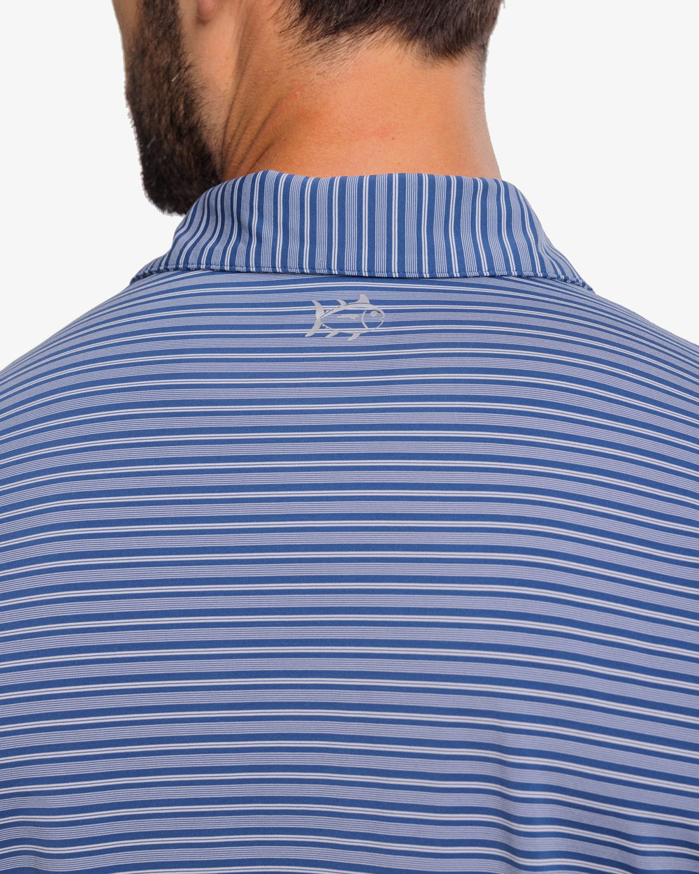 The yoke view of the Southern Tide brrr°®-eeze Bowen Stripe Performance Polo Shirt by Southern Tide - Aged Denim