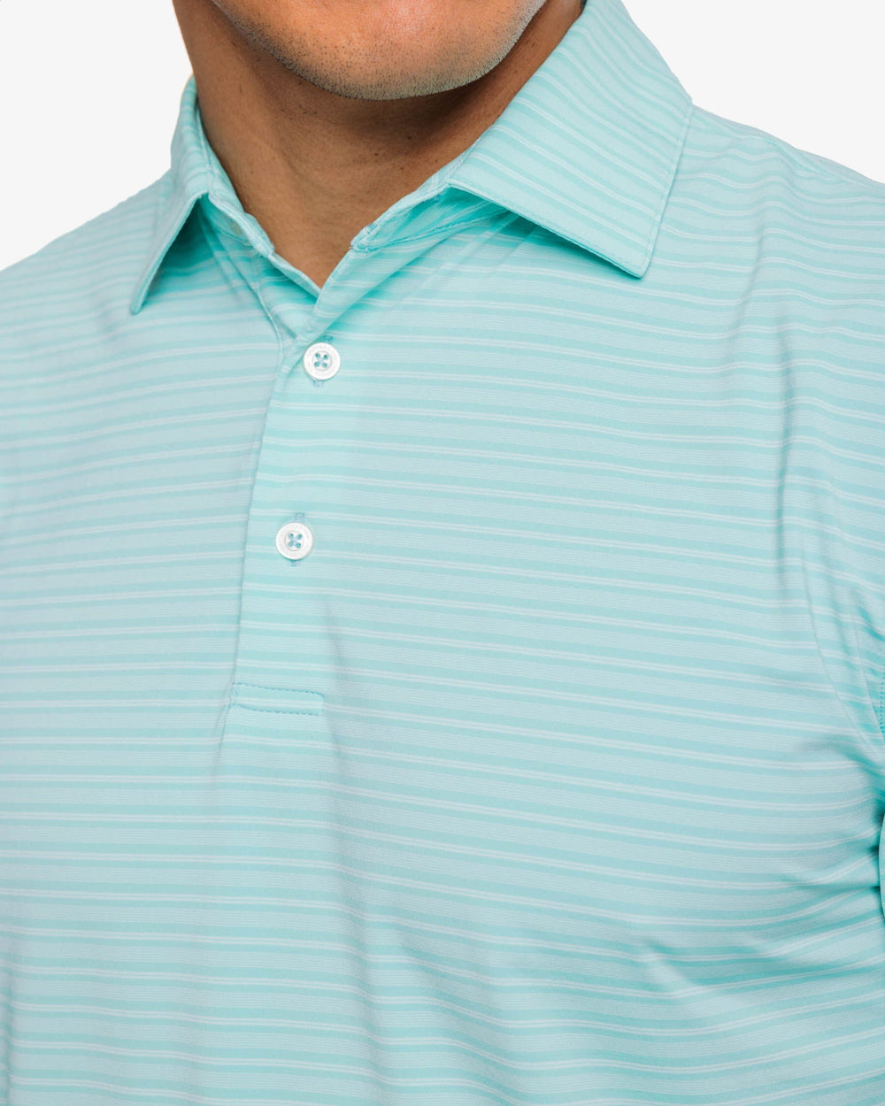 The detail view of the Southern Tide brrr°®-eeze Bowen Stripe Performance Polo Shirt by Southern Tide - Mint