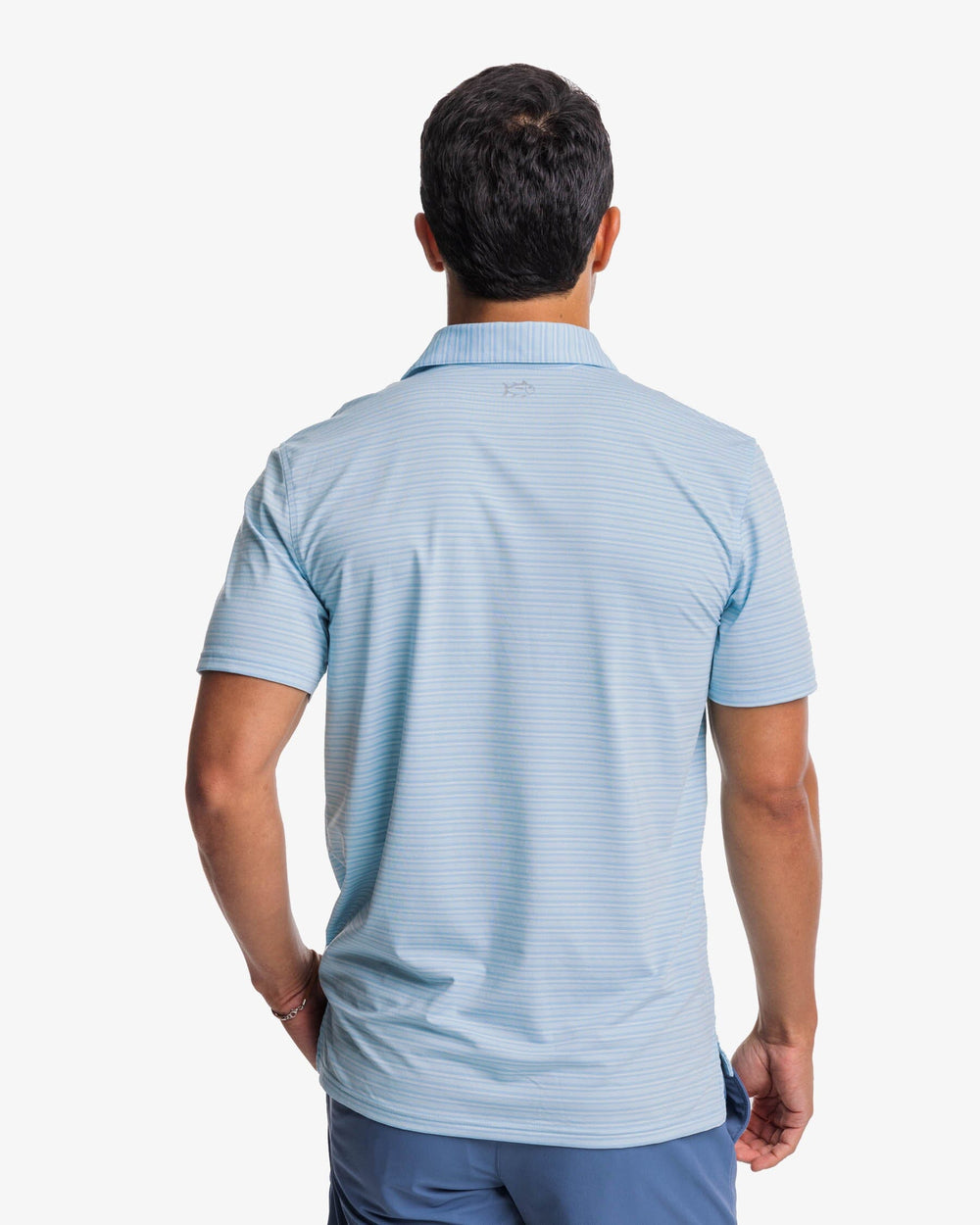 The back view of the Southern Tide brrr°®-eeze Bowen Stripe Performance Polo Shirt by Southern Tide - Rain Water