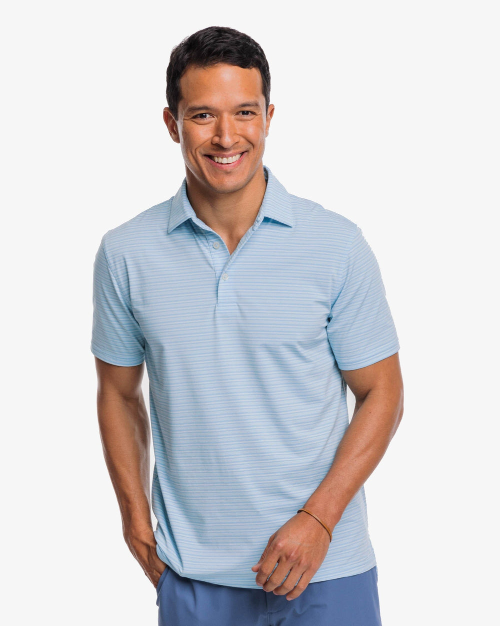 The front view of the Southern Tide brrr°®-eeze Bowen Stripe Performance Polo Shirt by Southern Tide - Rain Water