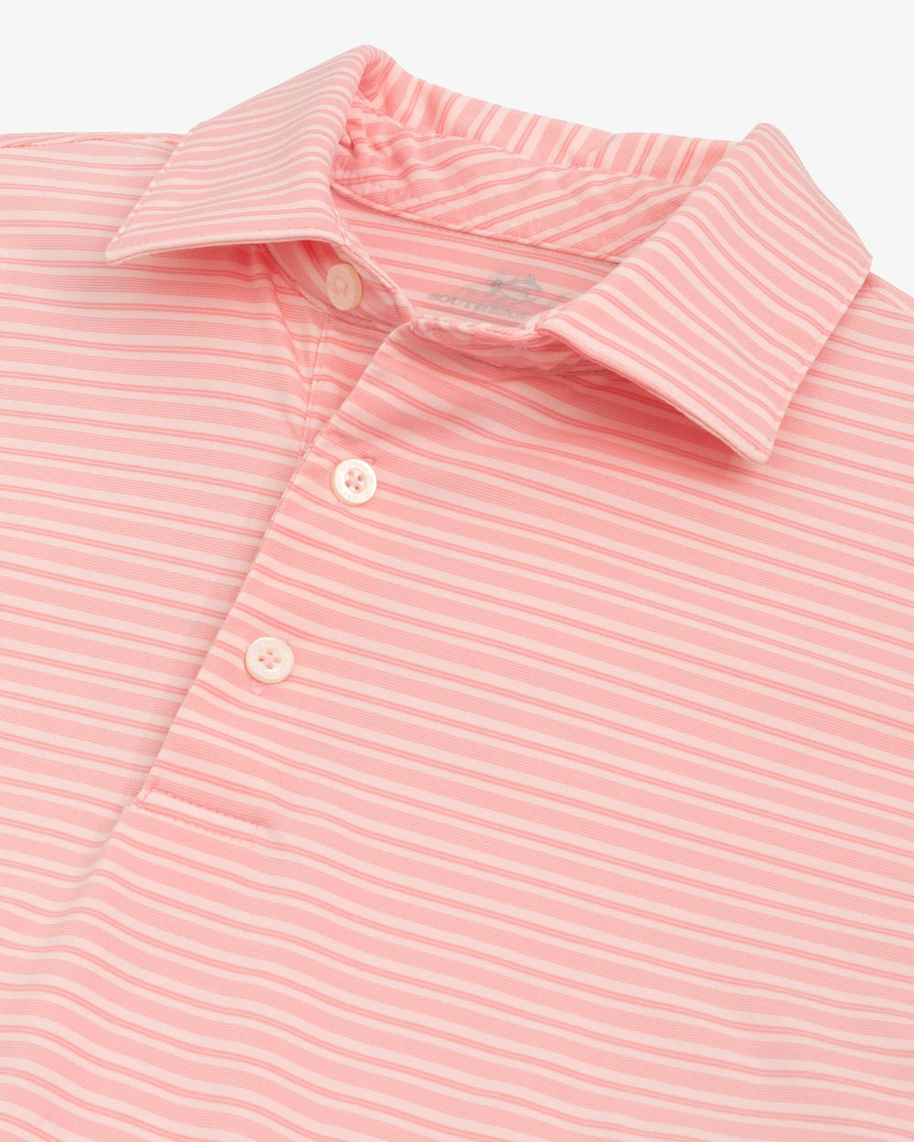 The detail view of the Southern Tide brrr°®-eeze Bowen Stripe Performance Polo Shirt by Southern Tide - Rose Blush