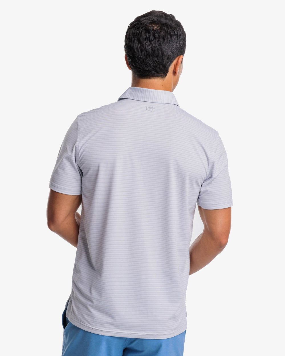 The back view of the Southern Tide brrr°®-eeze Bowen Stripe Performance Polo Shirt by Southern Tide - Slate Grey