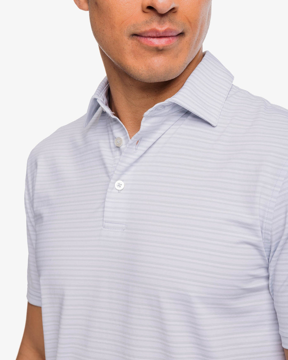 The detail view of the Southern Tide brrr°®-eeze Bowen Stripe Performance Polo Shirt by Southern Tide - Slate Grey