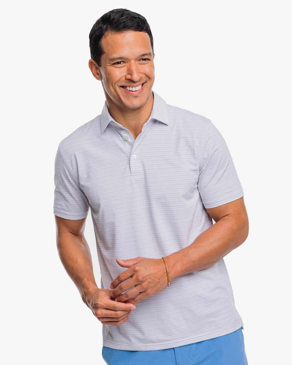 The front view of the Southern Tide brrr°®-eeze Bowen Stripe Performance Polo Shirt by Southern Tide - Slate Grey